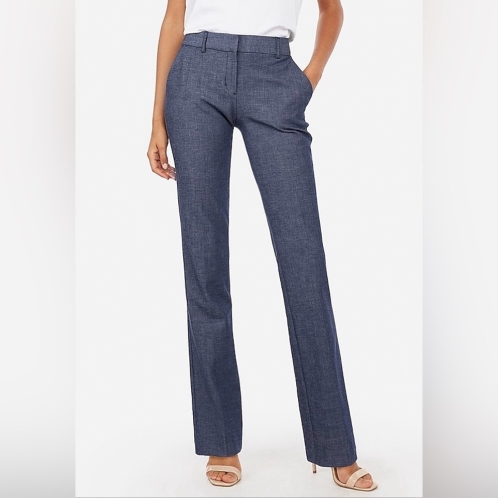 Express Dress Pants 4P Columnist Barely Boot Mid Rise Blue Indigo Chambray